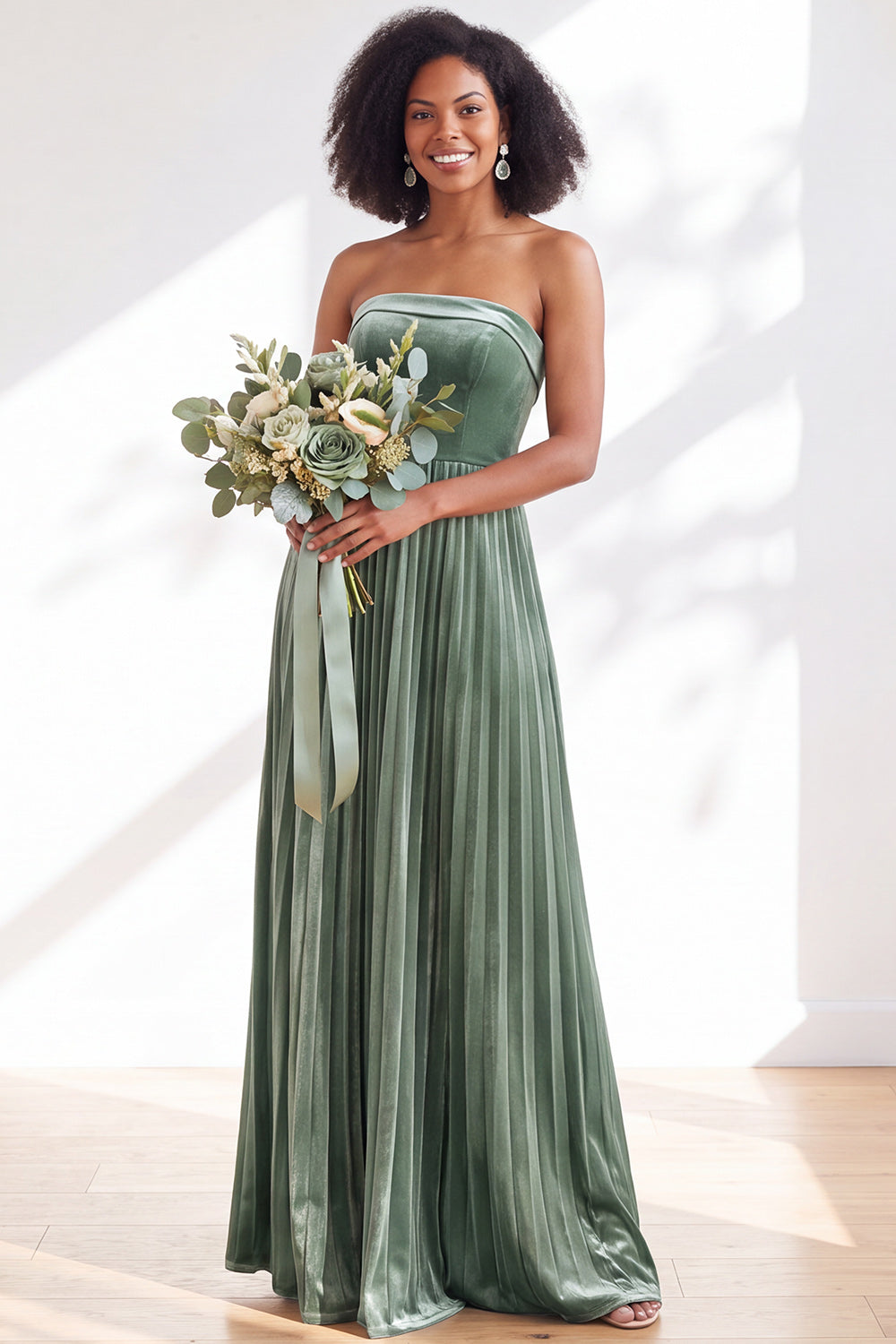 Dark Green Velvet Strapless Long Pleated Wedding Guest Dress