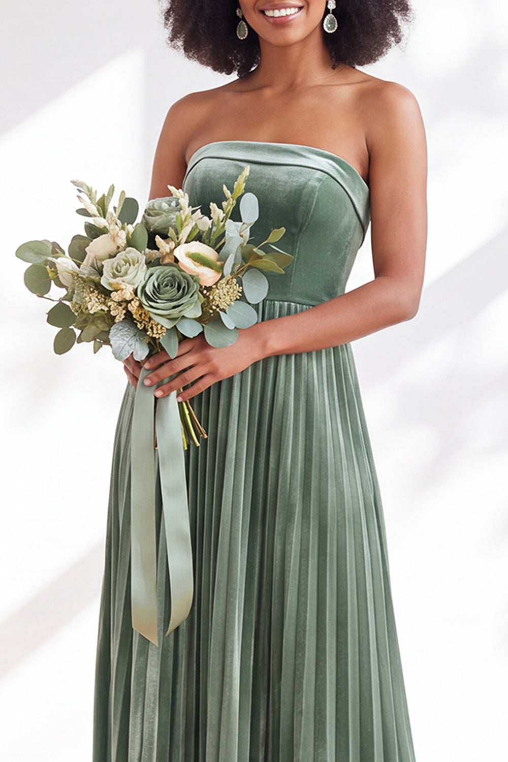 Dark Green Velvet Strapless Long Pleated Wedding Guest Dress