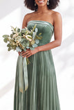 Dark Green Velvet Strapless Long Pleated Wedding Guest Dress