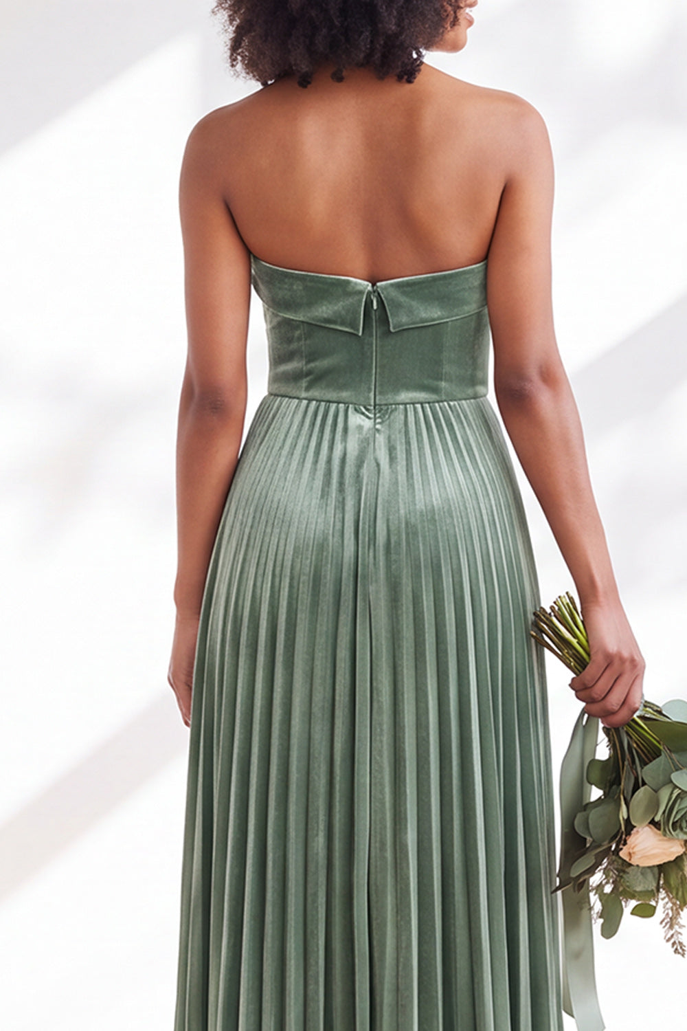 Dark Green Velvet Strapless Long Pleated Wedding Guest Dress