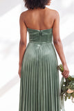 Dark Green Velvet Strapless Long Pleated Wedding Guest Dress