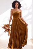 Dark Green Velvet Strapless Long Pleated Wedding Guest Dress