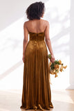 Dark Green Velvet Strapless Long Pleated Wedding Guest Dress