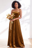 Dark Green Velvet Strapless Long Pleated Wedding Guest Dress