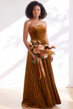 Dark Green Velvet Strapless Long Pleated Wedding Guest Dress