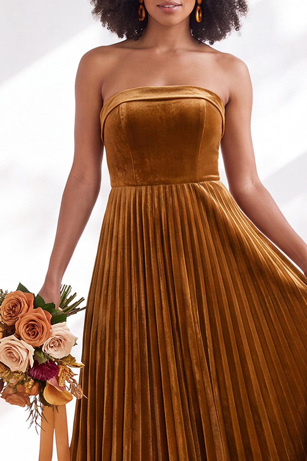 Dark Green Velvet Strapless Long Pleated Wedding Guest Dress