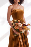 Dark Green Velvet Strapless Long Pleated Wedding Guest Dress