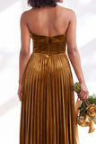 Dark Green Velvet Strapless Long Pleated Wedding Guest Dress