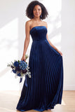 Dark Green Velvet Strapless Long Pleated Wedding Guest Dress