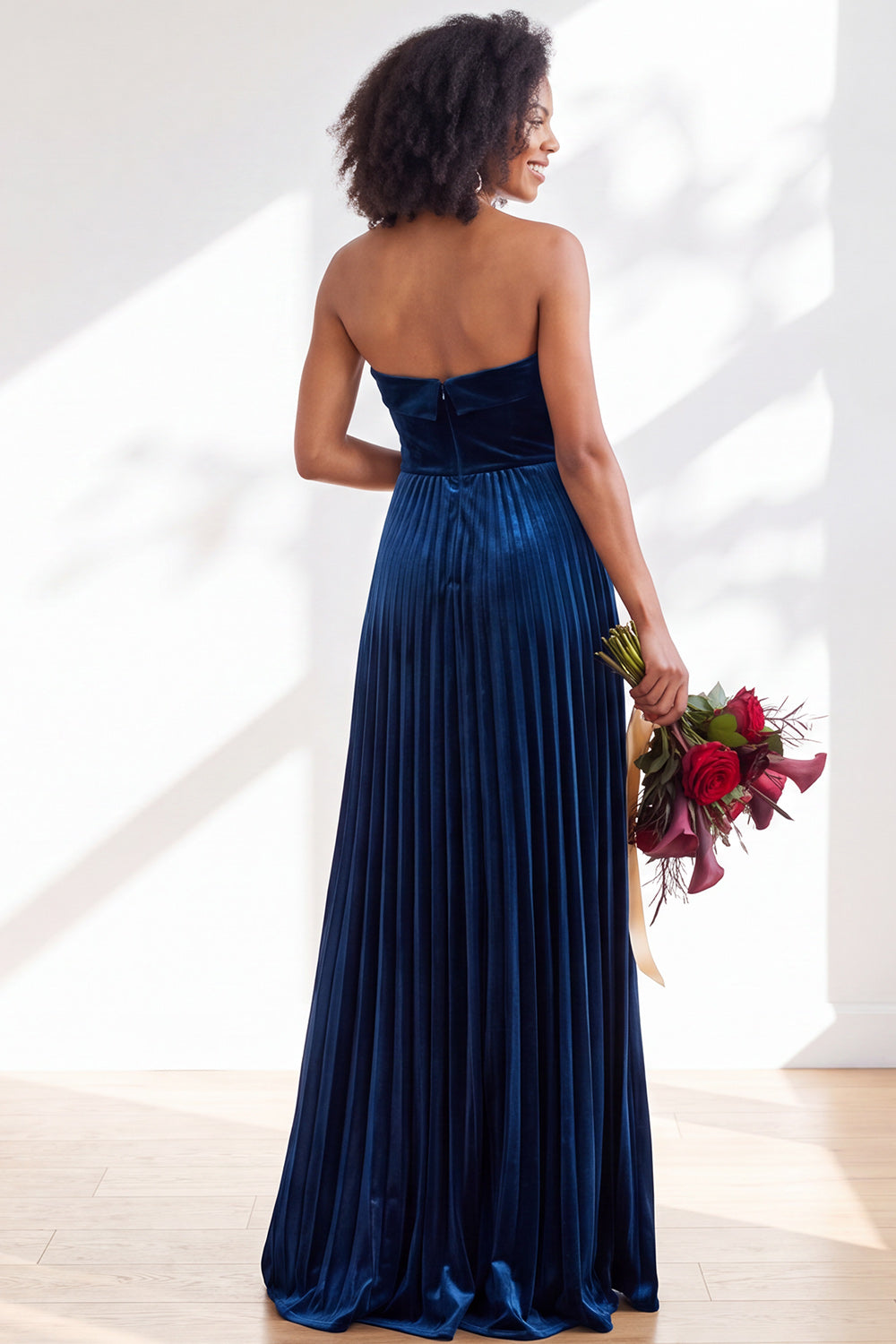 Dark Green Velvet Strapless Long Pleated Wedding Guest Dress