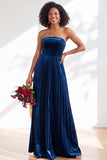 Dark Green Velvet Strapless Long Pleated Wedding Guest Dress