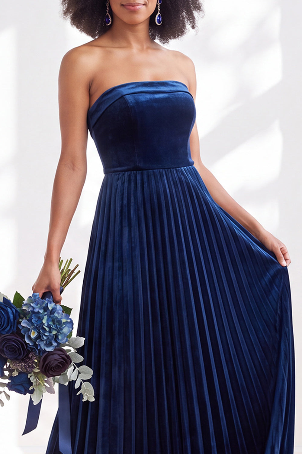 Dark Green Velvet Strapless Long Pleated Wedding Guest Dress
