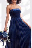 Dark Green Velvet Strapless Long Pleated Wedding Guest Dress