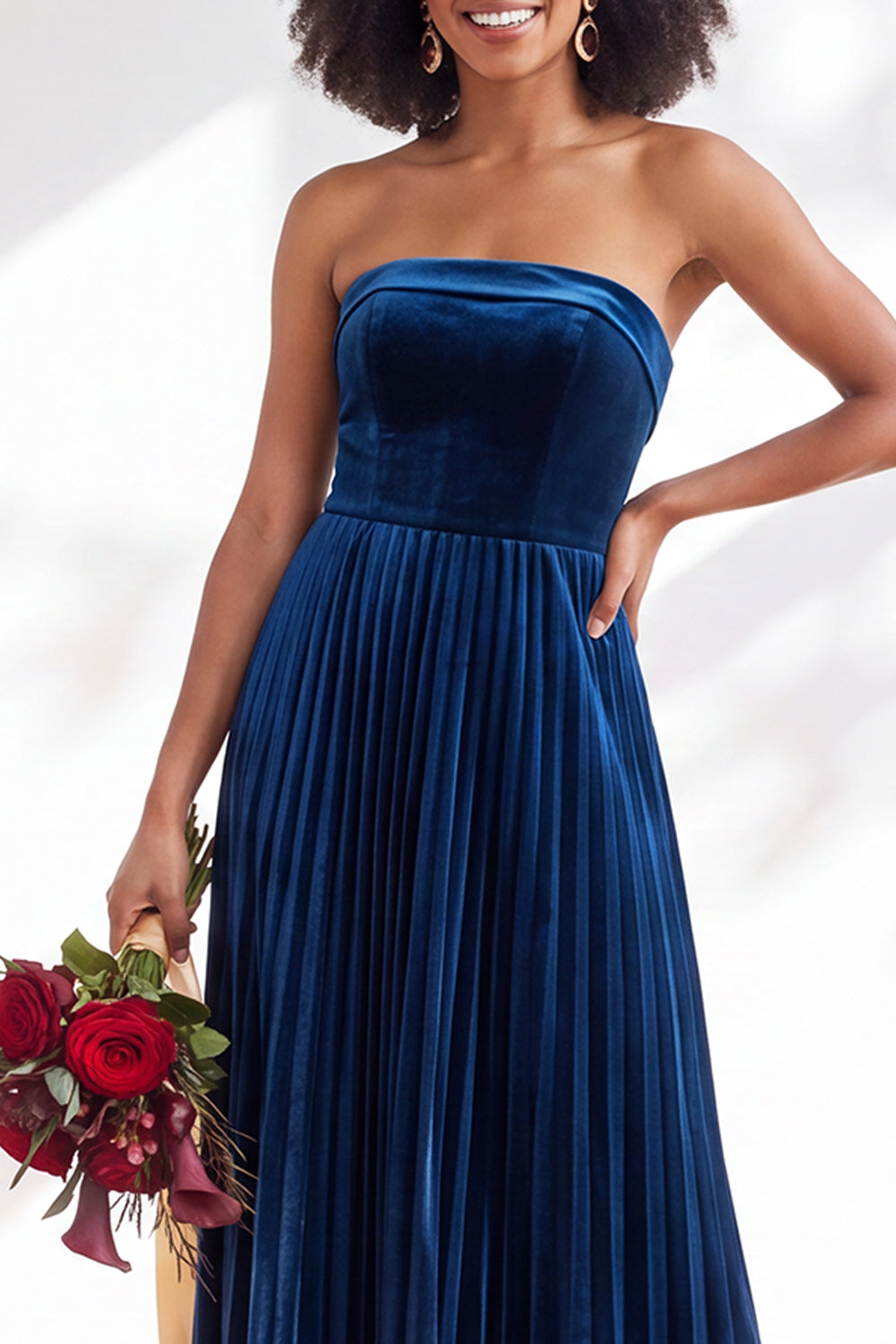 Dark Green Velvet Strapless Long Pleated Wedding Guest Dress