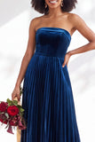 Dark Green Velvet Strapless Long Pleated Wedding Guest Dress