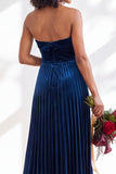 Dark Green Velvet Strapless Long Pleated Wedding Guest Dress