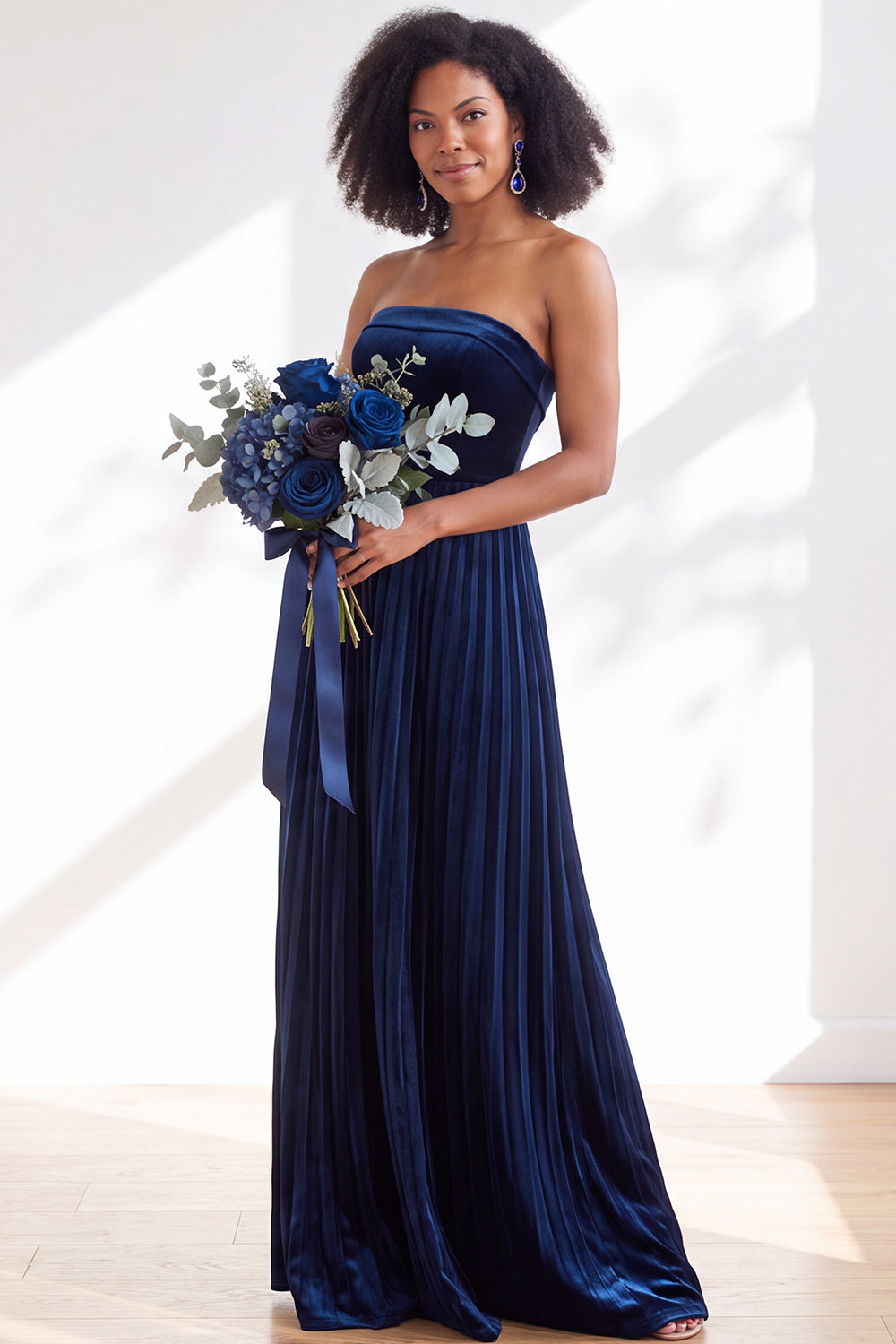 Dark Green Velvet Strapless Long Pleated Wedding Guest Dress