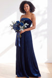 Dark Green Velvet Strapless Long Pleated Wedding Guest Dress
