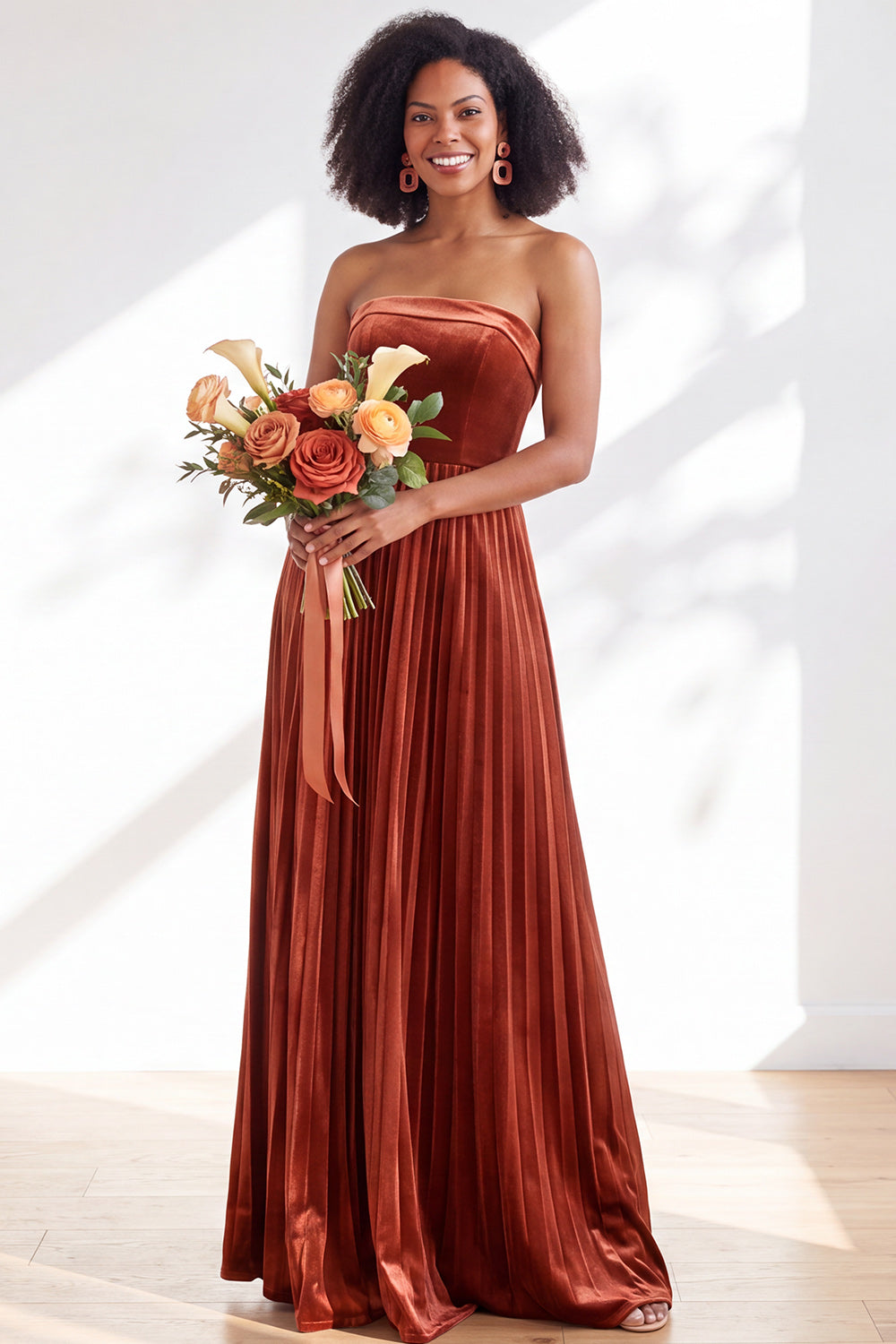 Dark Green Velvet Strapless Long Pleated Wedding Guest Dress