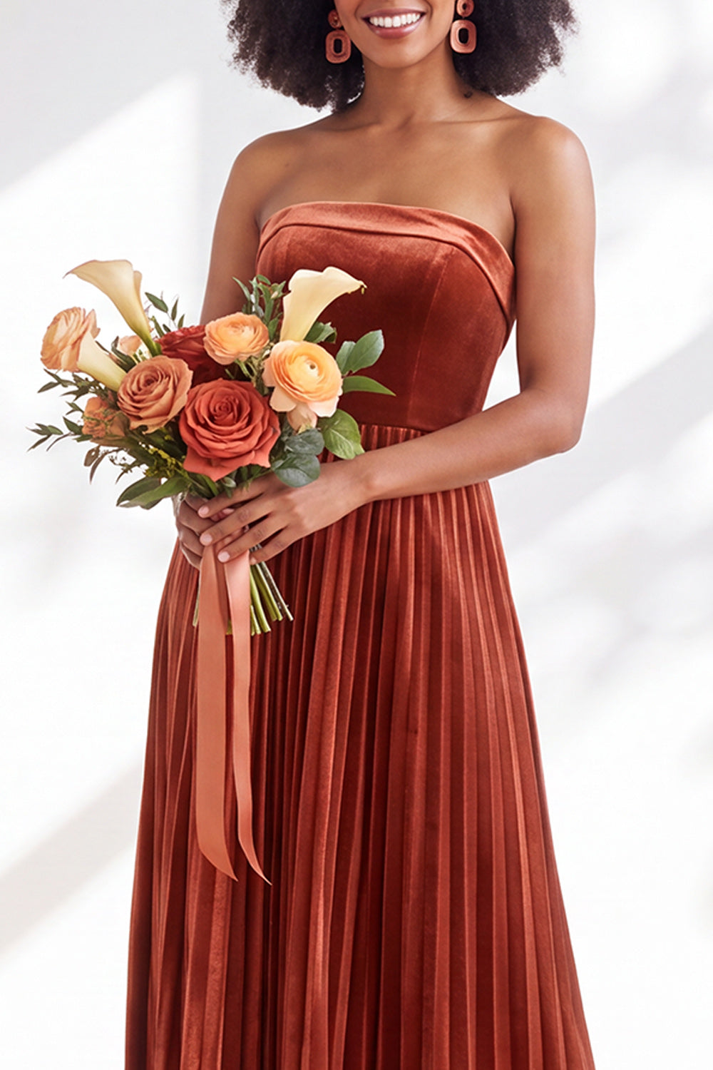 Dark Green Velvet Strapless Long Pleated Wedding Guest Dress