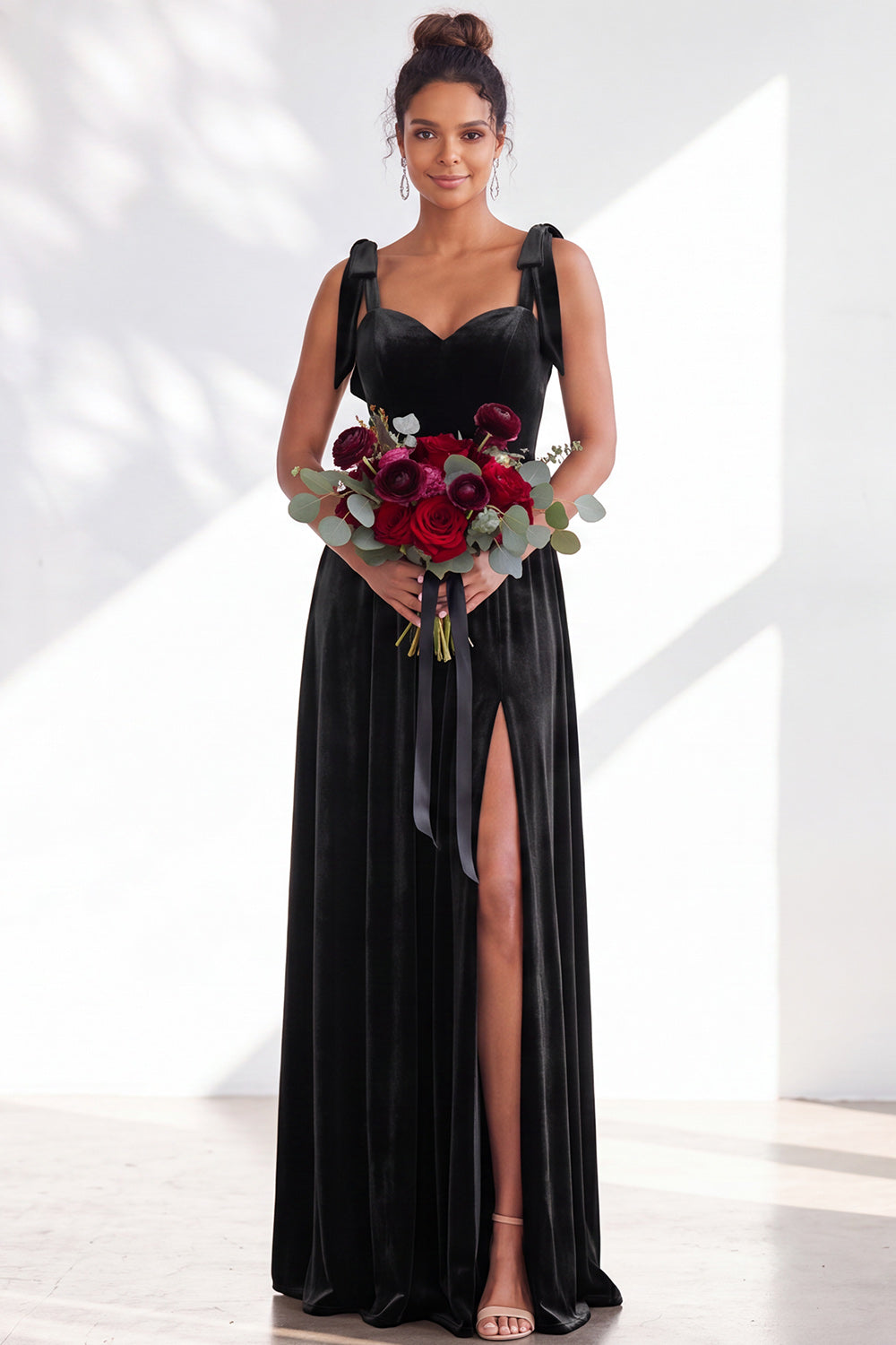 Coffee A-Line Velvet Long Wedding Guest Dress with Bows