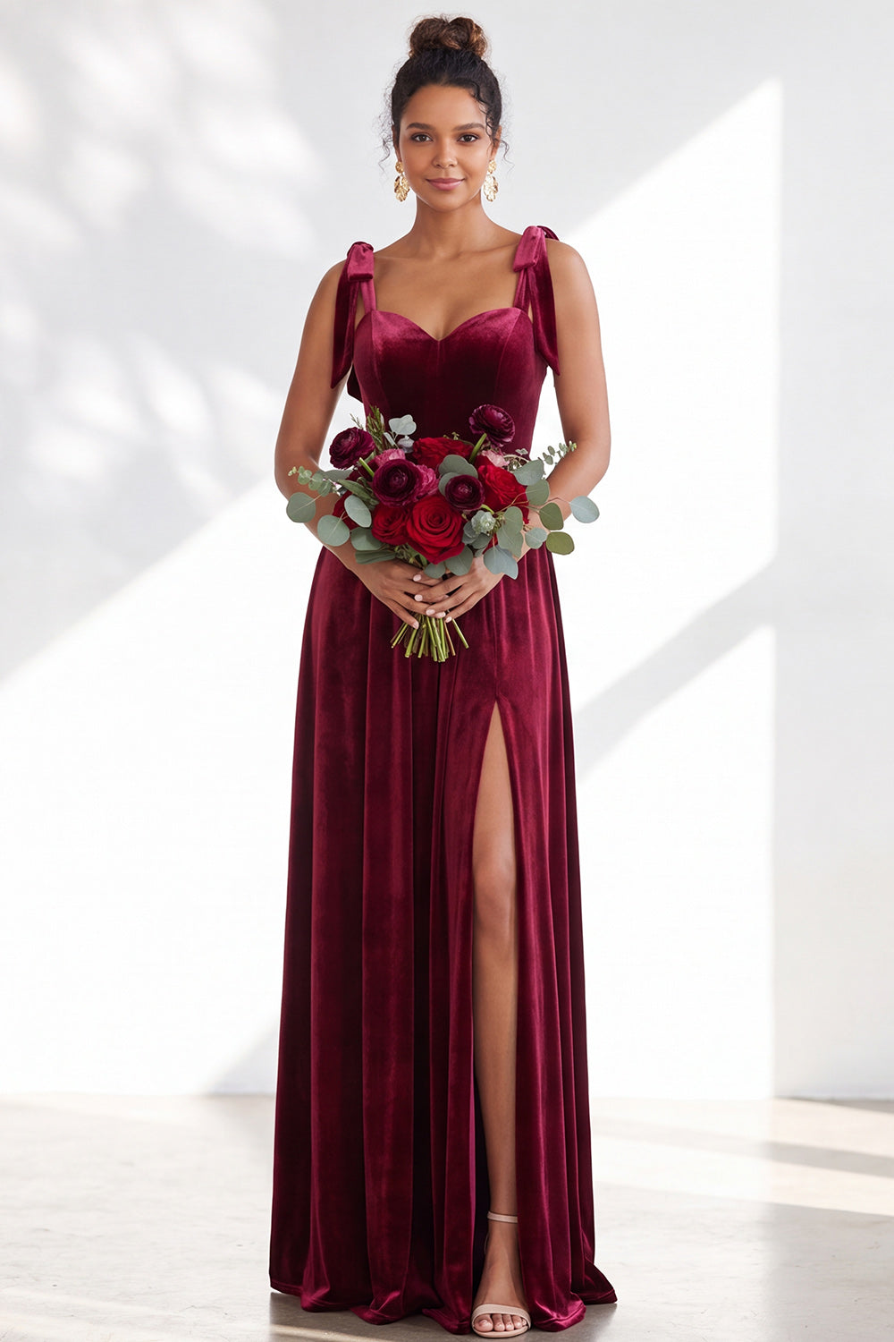 Coffee A-Line Velvet Long Wedding Guest Dress with Bows