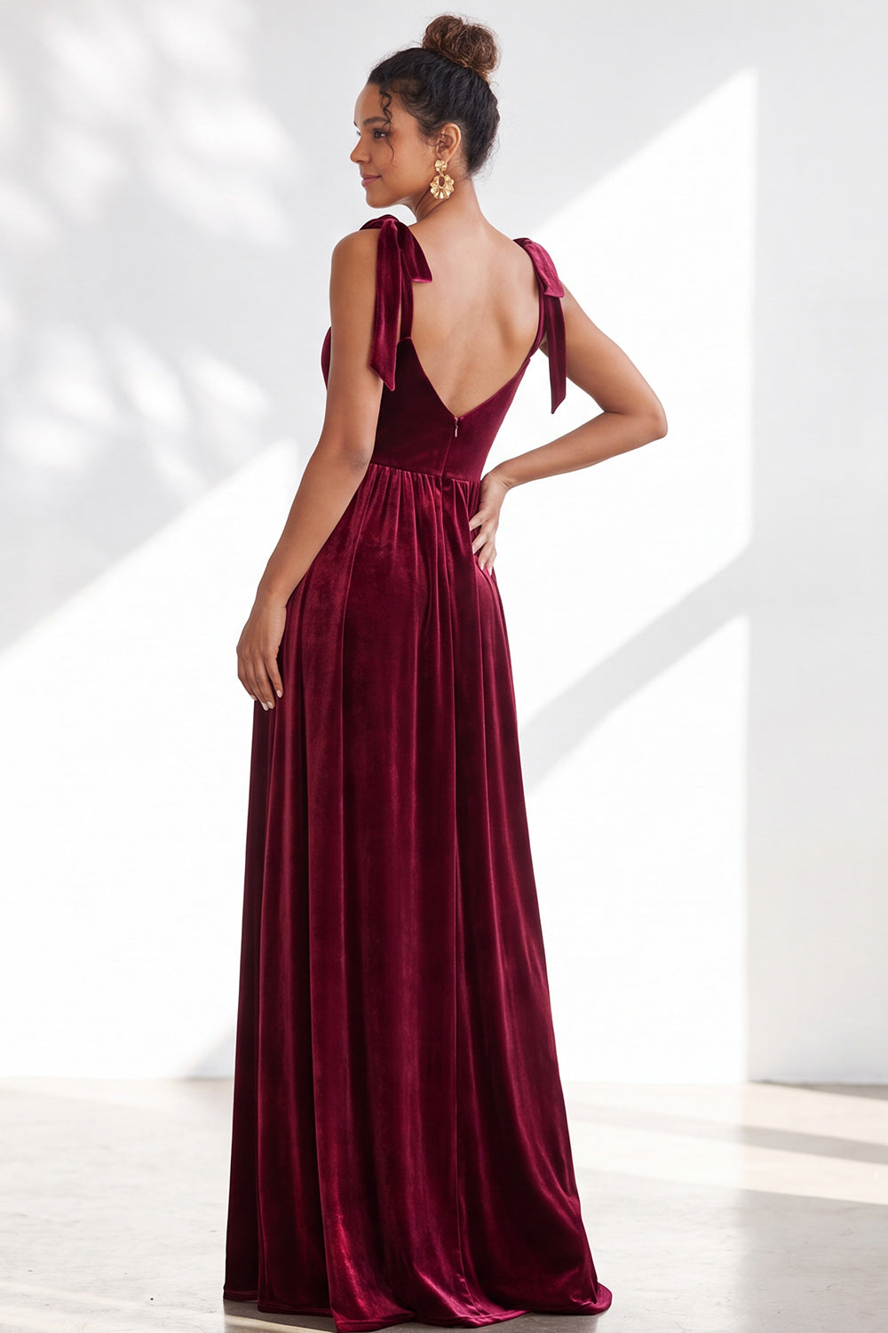 Coffee A-Line Velvet Long Wedding Guest Dress with Bows