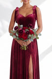 Coffee A-Line Velvet Long Wedding Guest Dress with Bows