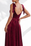Coffee A-Line Velvet Long Wedding Guest Dress with Bows