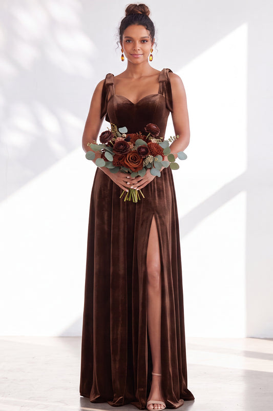 Coffee A-Line Velvet Long Wedding Guest Dress with Bows