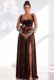 Coffee A-Line Velvet Long Wedding Guest Dress with Bows