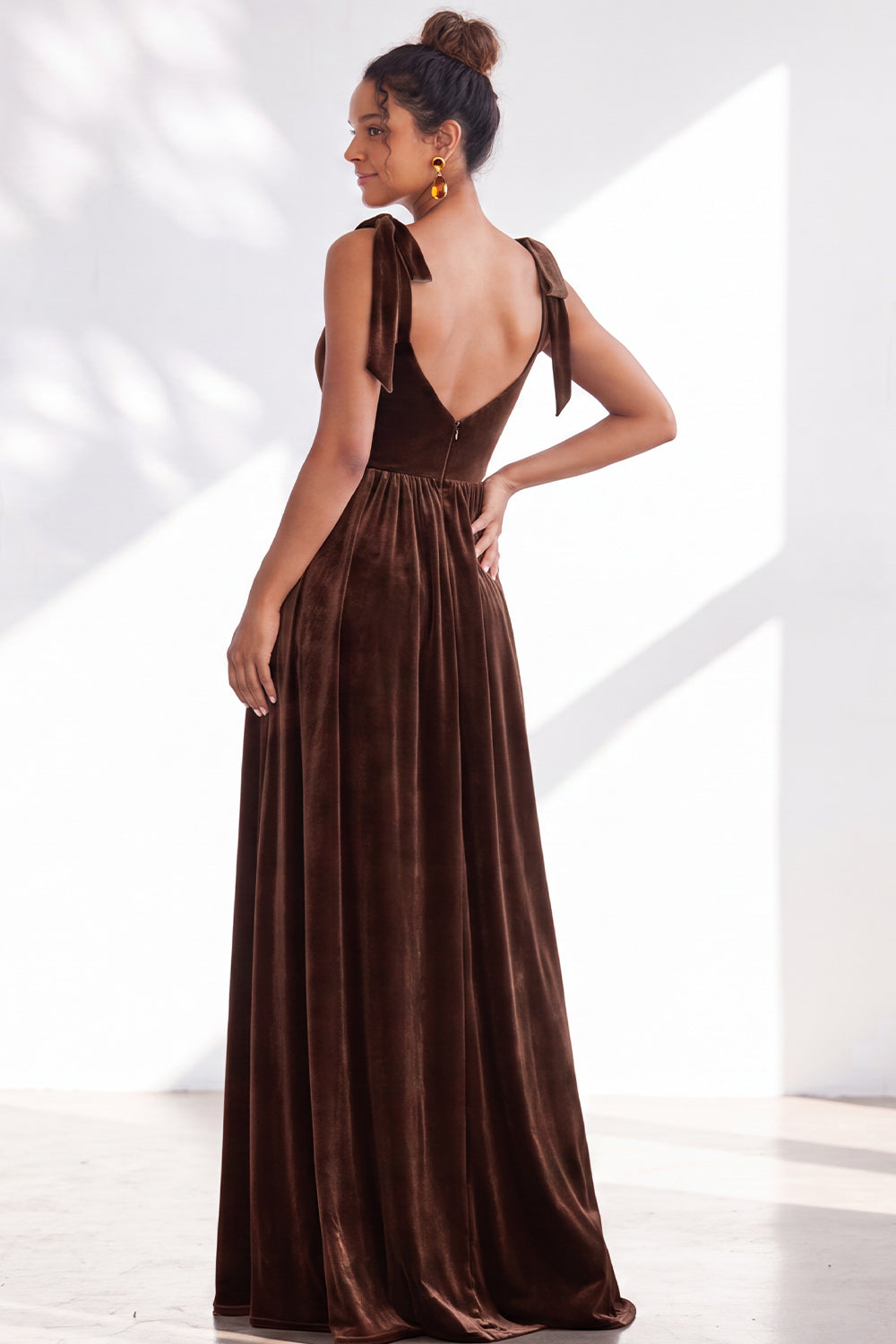 Coffee A-Line Velvet Long Wedding Guest Dress with Bows