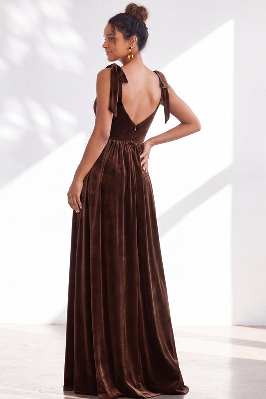 Coffee A-Line Velvet Long Wedding Guest Dress with Bows