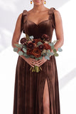 Coffee A-Line Velvet Long Wedding Guest Dress with Bows