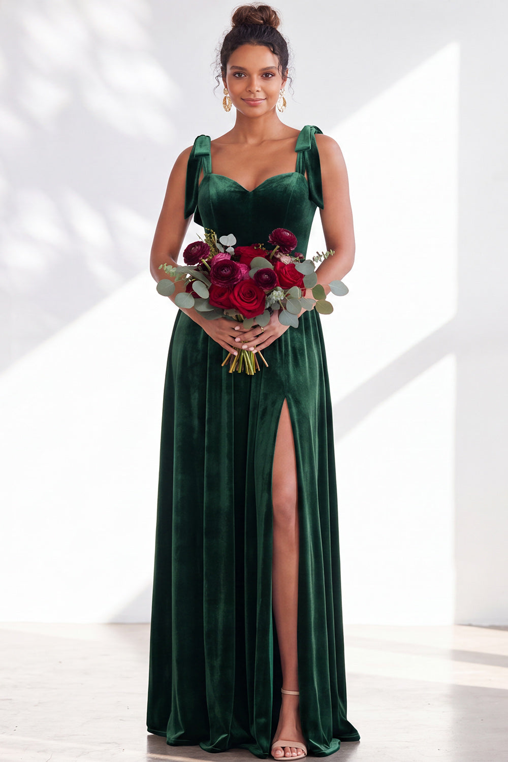 Coffee A-Line Velvet Long Wedding Guest Dress with Bows