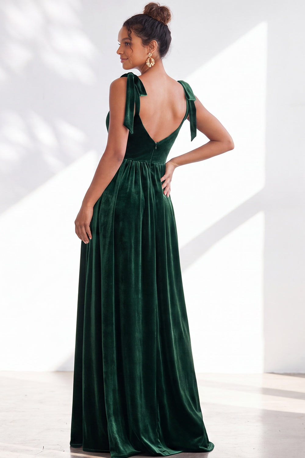 Coffee A-Line Velvet Long Wedding Guest Dress with Bows