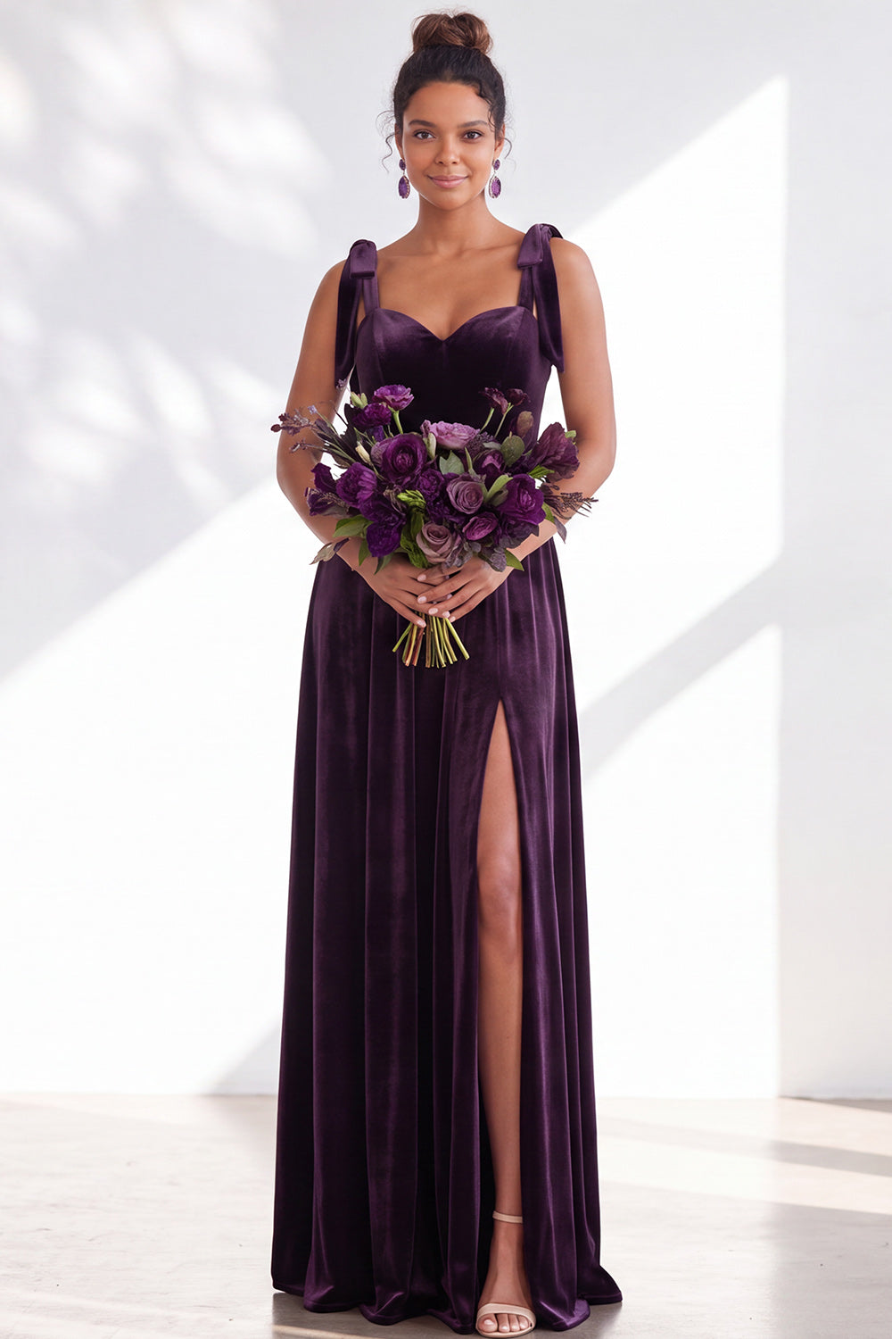 Coffee A-Line Velvet Long Wedding Guest Dress with Bows