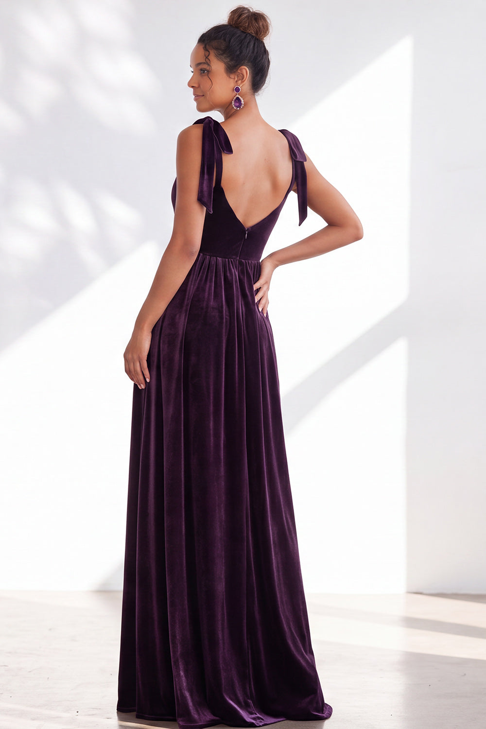Coffee A-Line Velvet Long Wedding Guest Dress with Bows