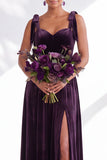 Coffee A-Line Velvet Long Wedding Guest Dress with Bows