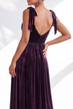 Coffee A-Line Velvet Long Wedding Guest Dress with Bows