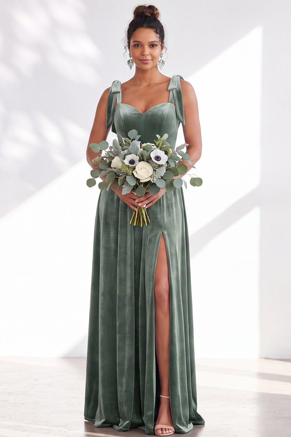 Coffee A-Line Velvet Long Wedding Guest Dress with Bows