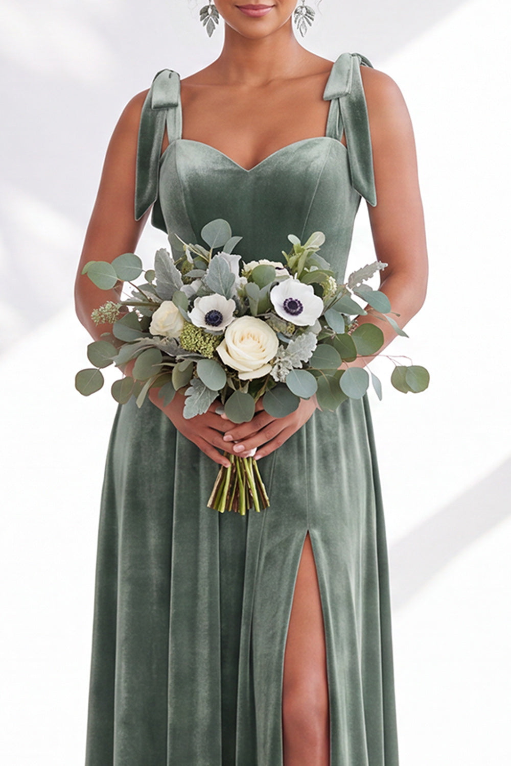 Coffee A-Line Velvet Long Wedding Guest Dress with Bows