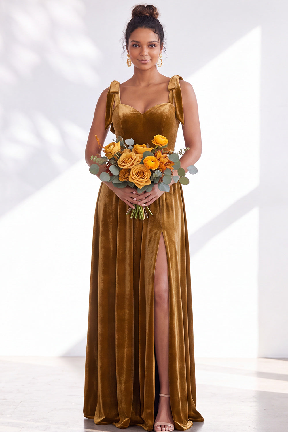 Coffee A-Line Velvet Long Wedding Guest Dress with Bows