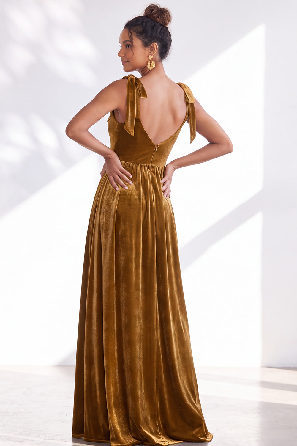 Coffee A-Line Velvet Long Wedding Guest Dress with Bows