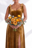 Coffee A-Line Velvet Long Wedding Guest Dress with Bows