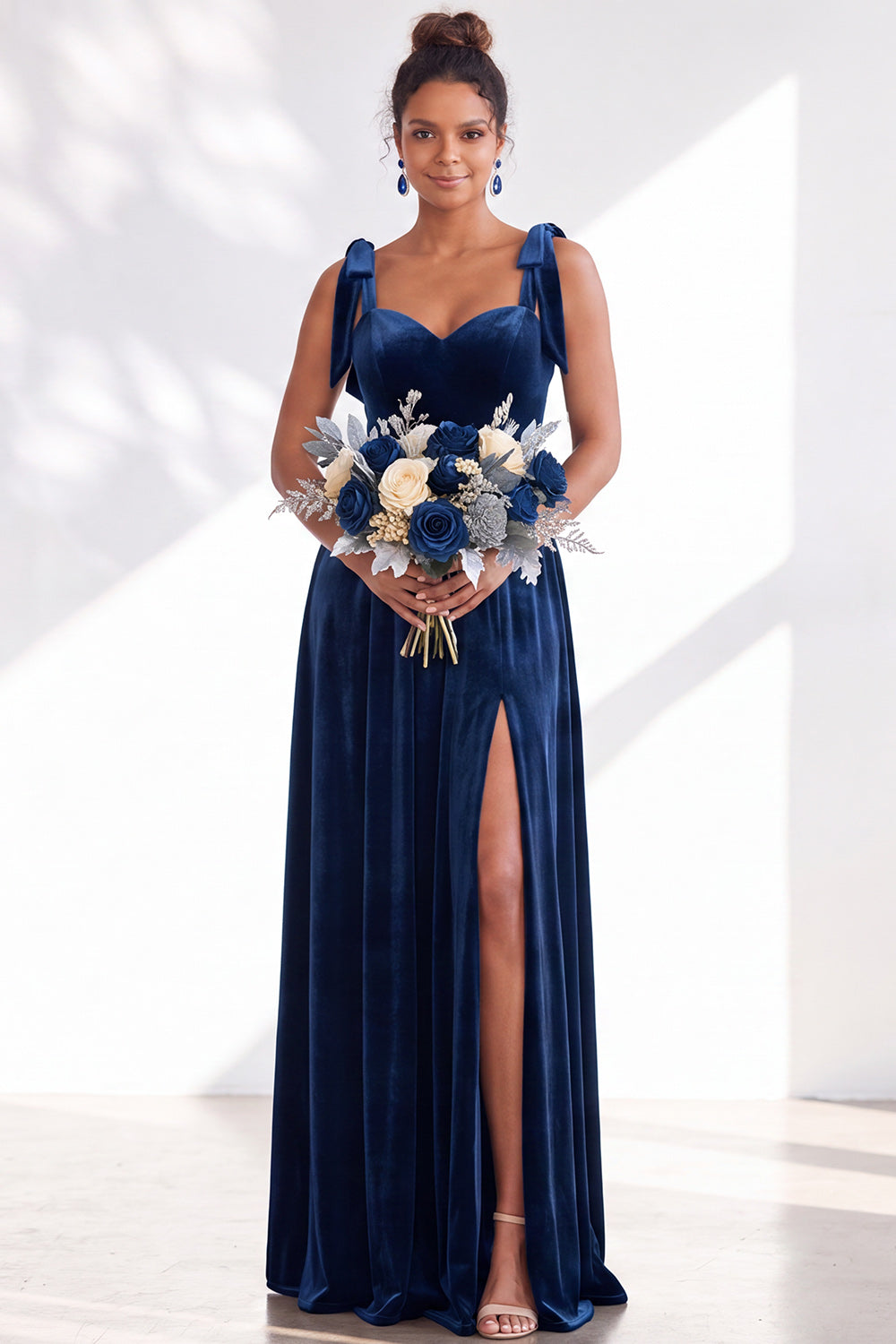 Coffee A-Line Velvet Long Wedding Guest Dress with Bows