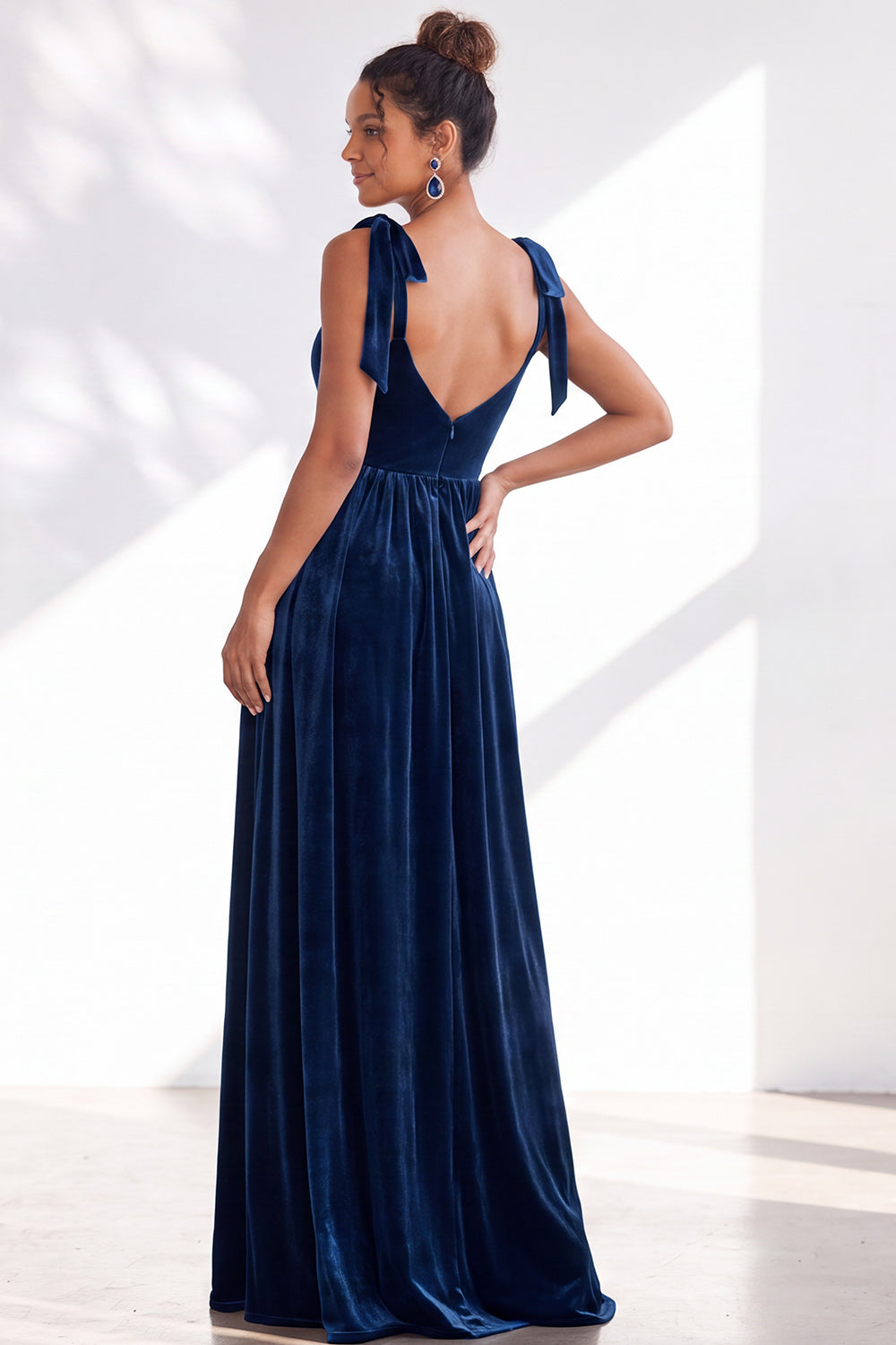 Coffee A-Line Velvet Long Wedding Guest Dress with Bows