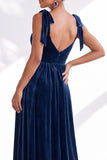 Coffee A-Line Velvet Long Wedding Guest Dress with Bows