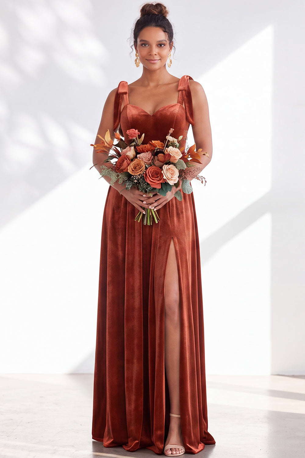 Coffee A-Line Velvet Long Wedding Guest Dress with Bows