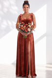 Coffee A-Line Velvet Long Wedding Guest Dress with Bows